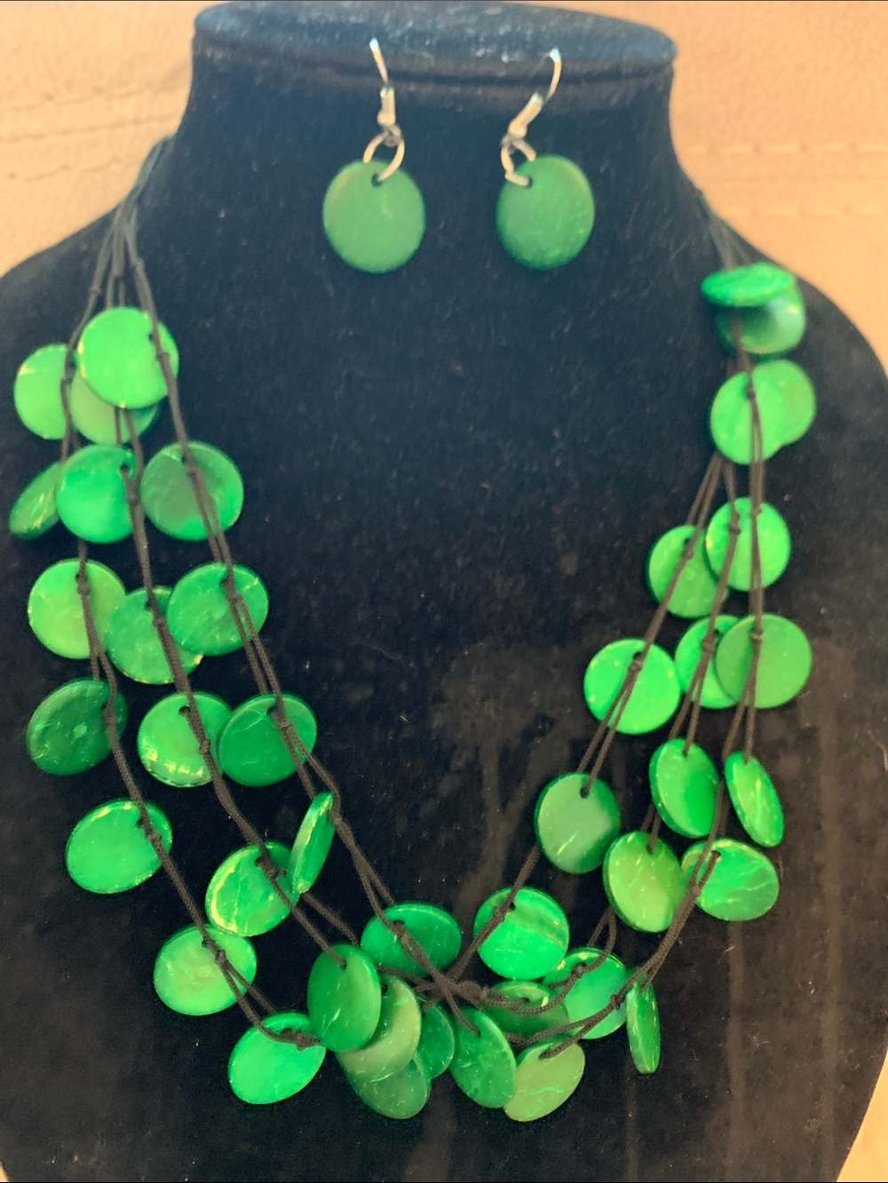 Vintage Green  Wooden Multi-Strand Disc Necklace and Earring Set